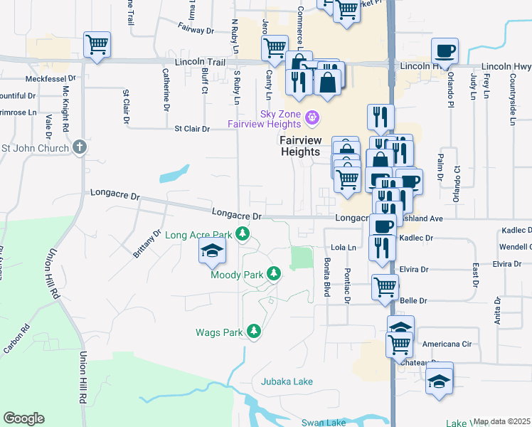 map of restaurants, bars, coffee shops, grocery stores, and more near 1 Park Terrace Ln in Fairview Heights