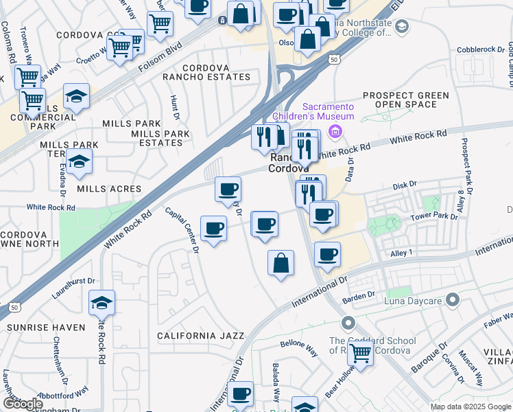 map of restaurants, bars, coffee shops, grocery stores, and more near 3249 Quality Dr in Rancho Cordova