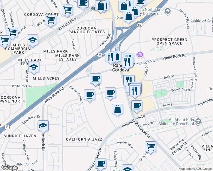 map of restaurants, bars, coffee shops, grocery stores, and more near 3249 Quality Drive in Rancho Cordova