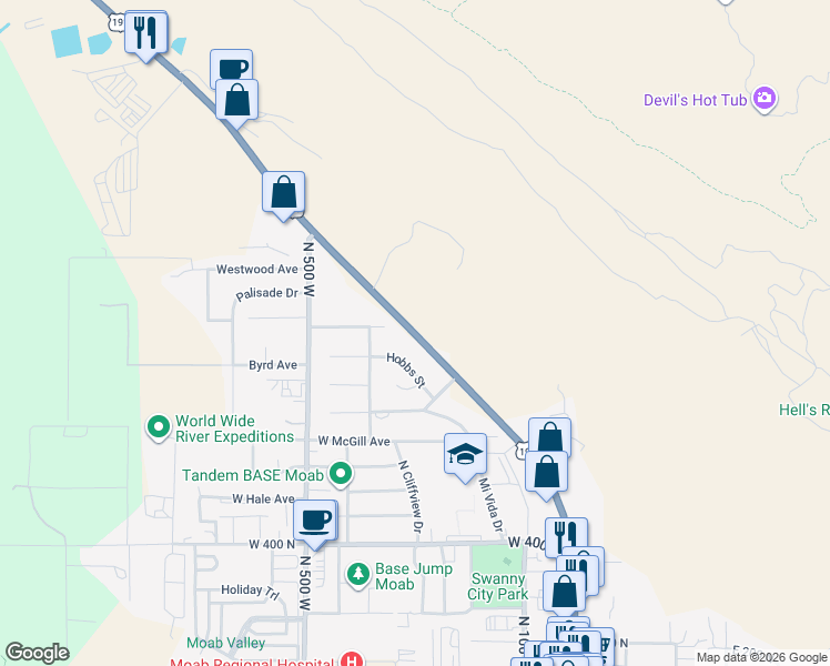 map of restaurants, bars, coffee shops, grocery stores, and more near 978-1040 North Main Street in Moab