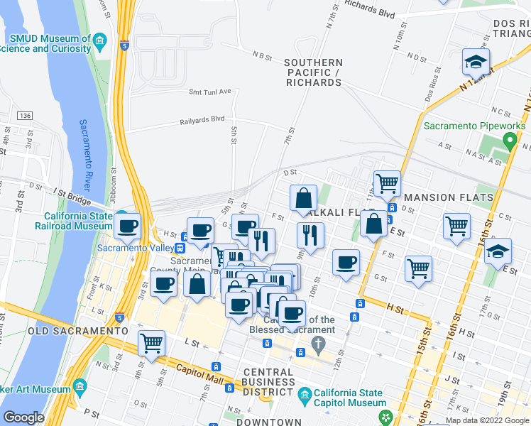 map of restaurants, bars, coffee shops, grocery stores, and more near F Street in Sacramento
