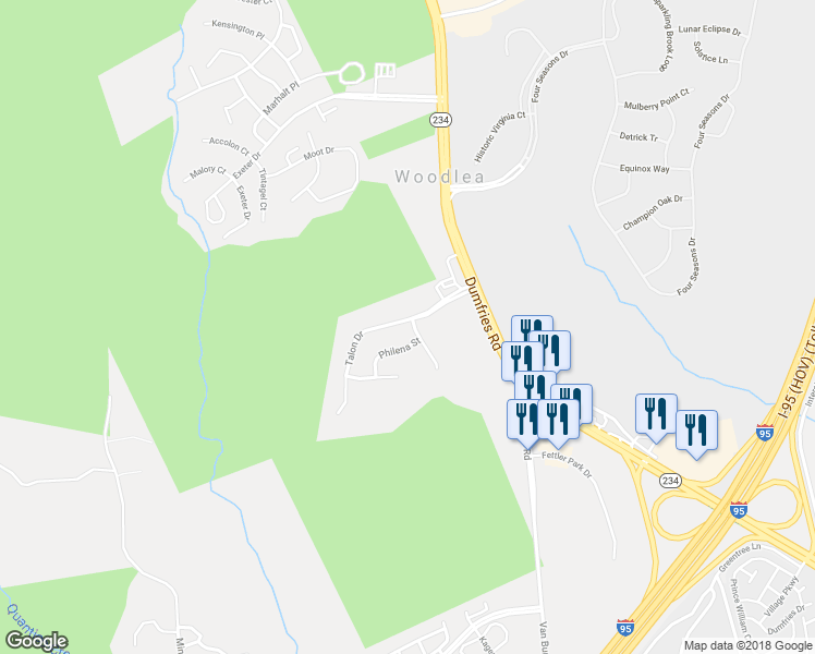map of restaurants, bars, coffee shops, grocery stores, and more near 16950 Horton Court in Dumfries