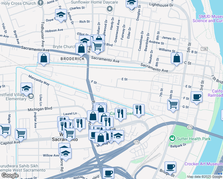 map of restaurants, bars, coffee shops, grocery stores, and more near 971 F Street in West Sacramento