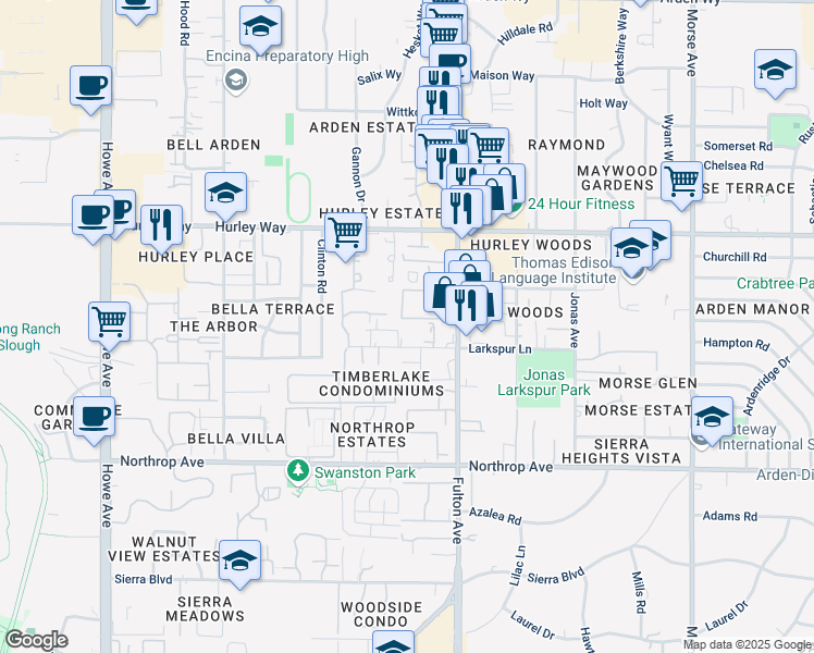 map of restaurants, bars, coffee shops, grocery stores, and more near 2504 Memory Lane in Sacramento