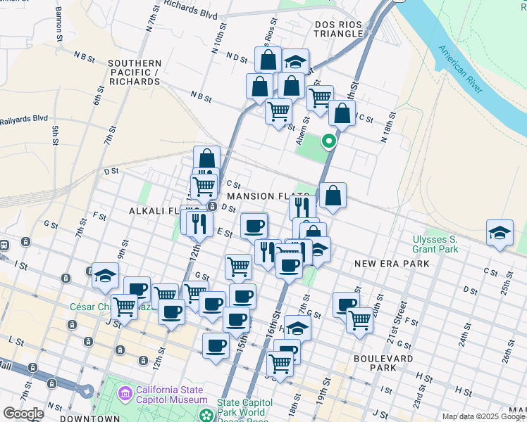 map of restaurants, bars, coffee shops, grocery stores, and more near in Sacramento