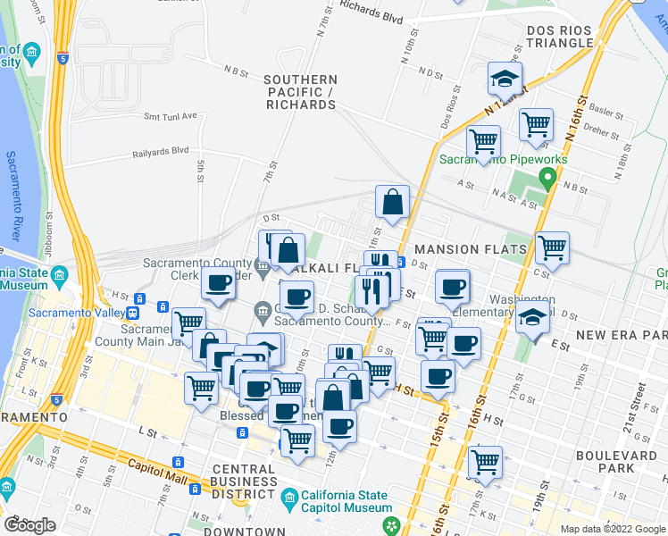 map of restaurants, bars, coffee shops, grocery stores, and more near E St & 10th St in Sacramento