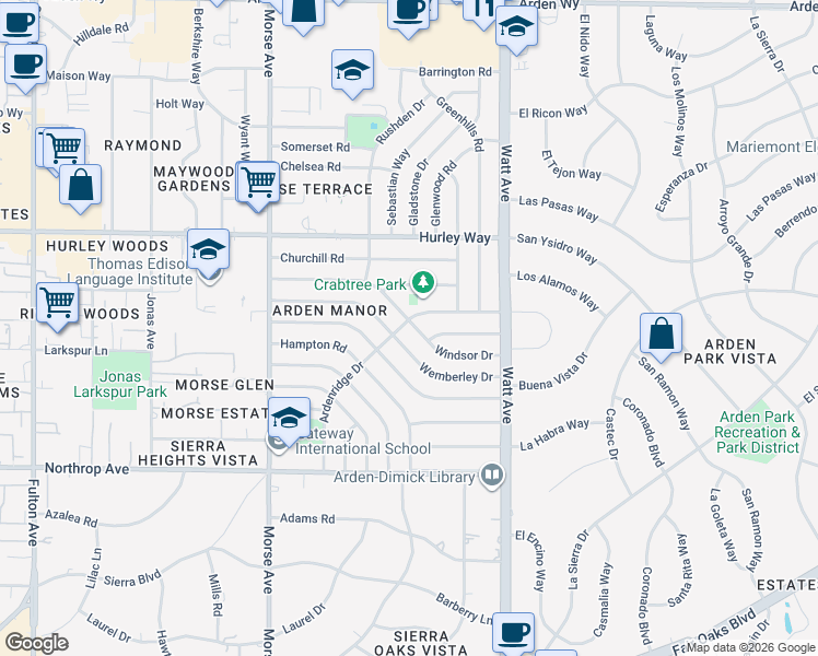 map of restaurants, bars, coffee shops, grocery stores, and more near 3253 Wemberley Drive in Sacramento