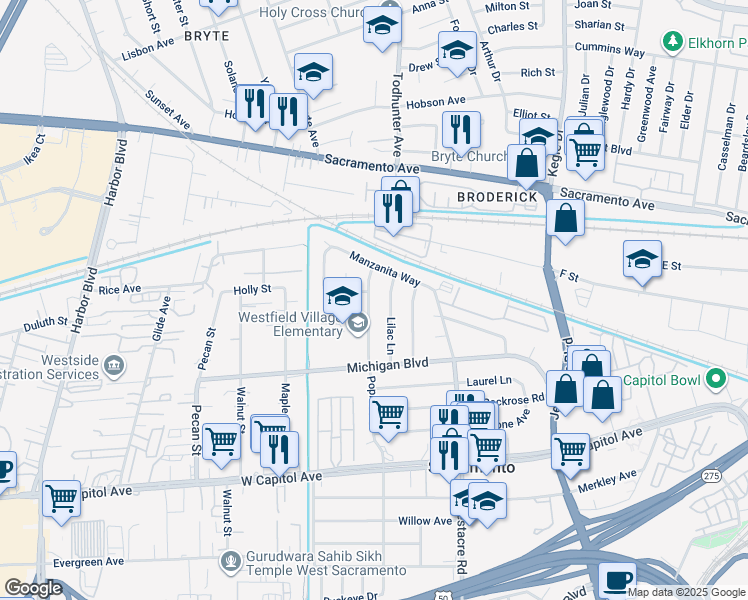map of restaurants, bars, coffee shops, grocery stores, and more near 431 Poplar Avenue in West Sacramento