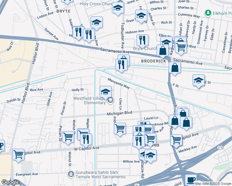 map of restaurants, bars, coffee shops, grocery stores, and more near 431 Poplar Avenue in West Sacramento