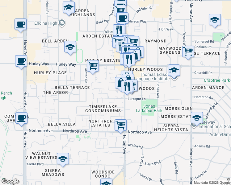 map of restaurants, bars, coffee shops, grocery stores, and more near 2525 Larkspur Lane in Sacramento