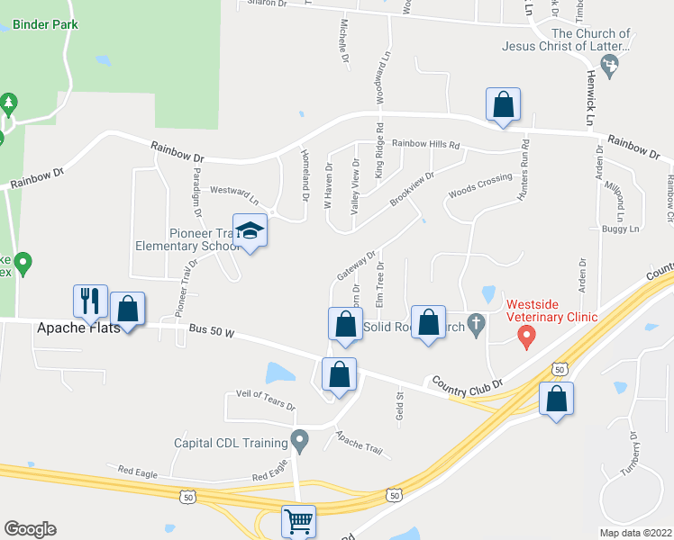 map of restaurants, bars, coffee shops, grocery stores, and more near 340 Gateway Drive in Jefferson City
