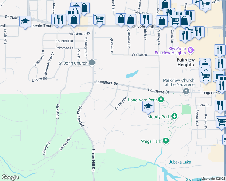 map of restaurants, bars, coffee shops, grocery stores, and more near 115 Oxford Avenue in Fairview Heights