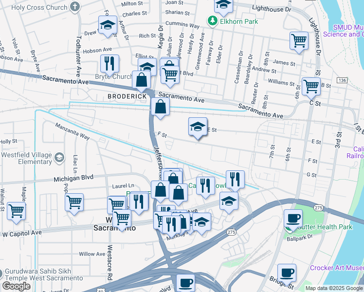 map of restaurants, bars, coffee shops, grocery stores, and more near 971 F Street in West Sacramento