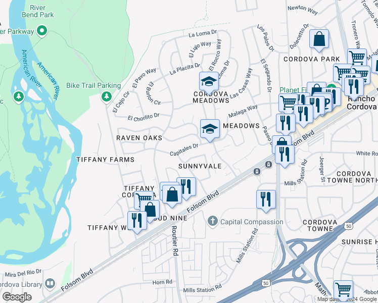 map of restaurants, bars, coffee shops, grocery stores, and more near 30 Capitales Drive in Rancho Cordova