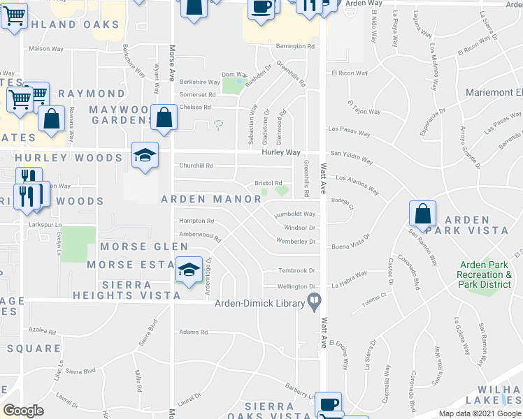 map of restaurants, bars, coffee shops, grocery stores, and more near 3253 Wemberley Drive in Sacramento