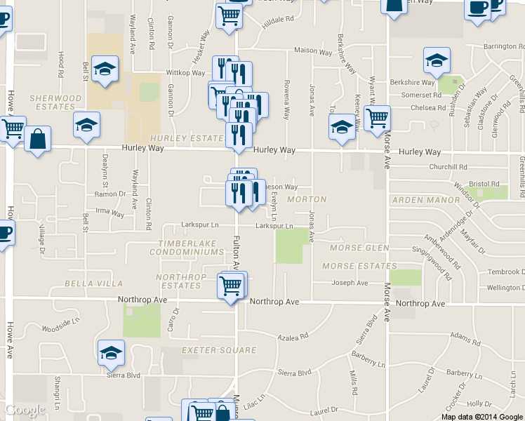 map of restaurants, bars, coffee shops, grocery stores, and more near 1113 Rivara Circle in Sacramento