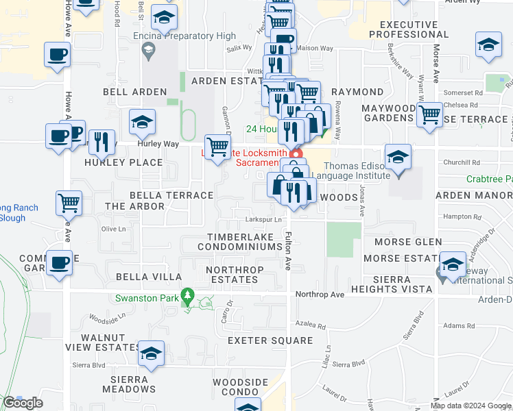 map of restaurants, bars, coffee shops, grocery stores, and more near 2504 Memory Lane in Sacramento