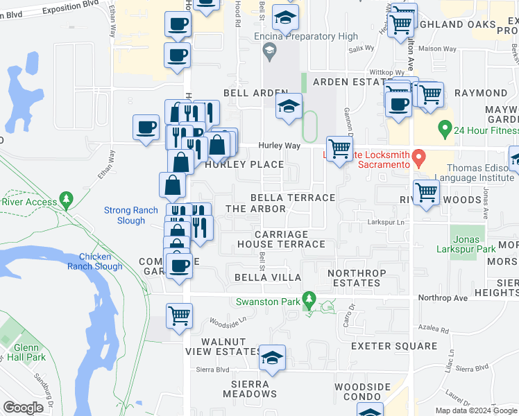 map of restaurants, bars, coffee shops, grocery stores, and more near 1117 Bell Street in Sacramento