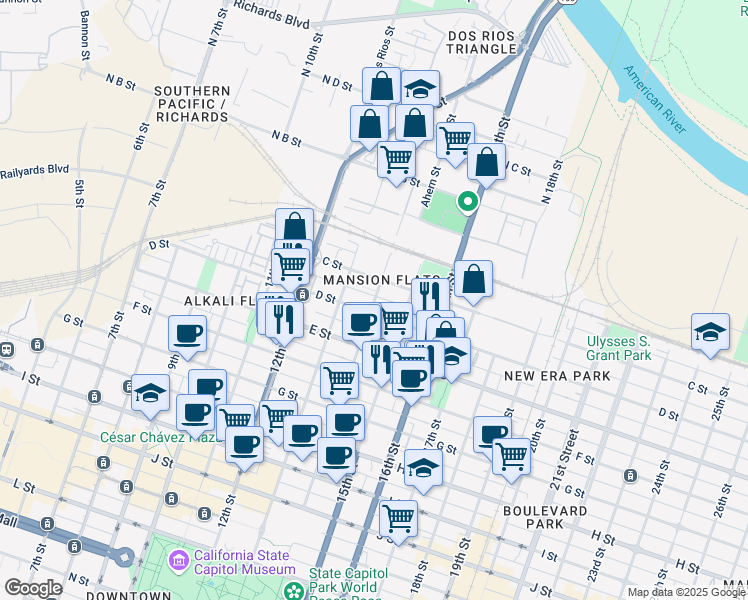 map of restaurants, bars, coffee shops, grocery stores, and more near in Sacramento