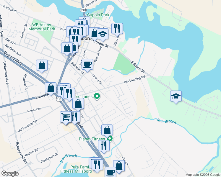 map of restaurants, bars, coffee shops, grocery stores, and more near 203 Branch Way in Millsboro