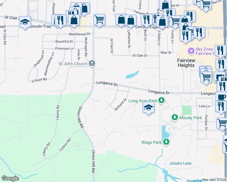 map of restaurants, bars, coffee shops, grocery stores, and more near 115 Oxford Avenue in Fairview Heights