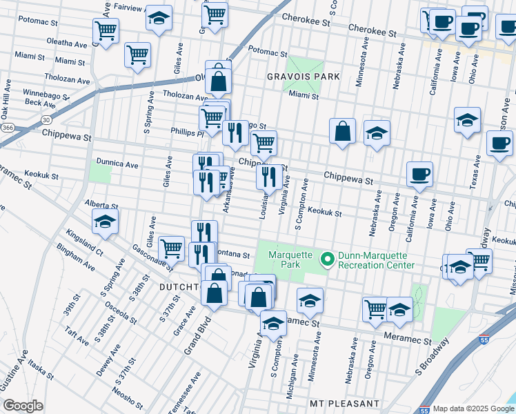 map of restaurants, bars, coffee shops, grocery stores, and more near 3408 Keokuk Street in St. Louis