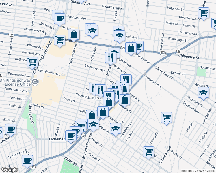 map of restaurants, bars, coffee shops, grocery stores, and more near 4526 Morgan Ford Road in St. Louis