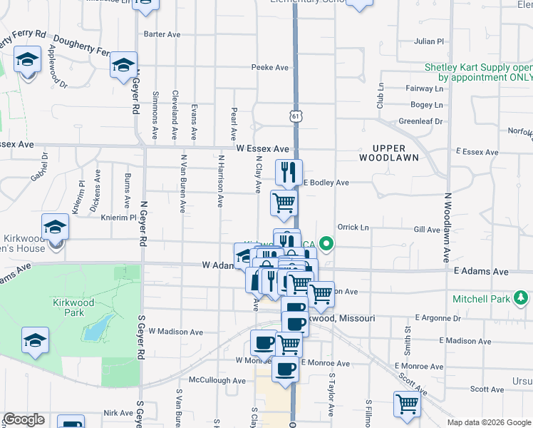 map of restaurants, bars, coffee shops, grocery stores, and more near 444 North Clay Avenue in Kirkwood