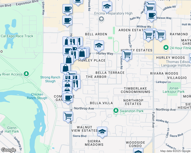 map of restaurants, bars, coffee shops, grocery stores, and more near 1117 Bell Street in Sacramento