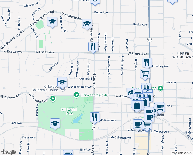 map of restaurants, bars, coffee shops, grocery stores, and more near 427 North Geyer Road in Kirkwood