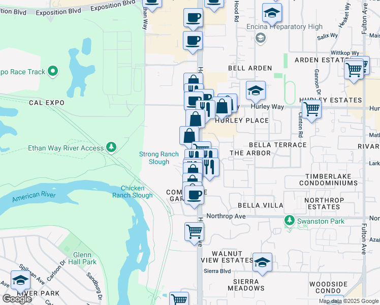 map of restaurants, bars, coffee shops, grocery stores, and more near 1111 Howe Avenue in Sacramento