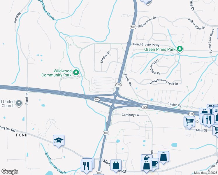 map of restaurants, bars, coffee shops, grocery stores, and more near 17251 Windsor Crest Boulevard in Wildwood