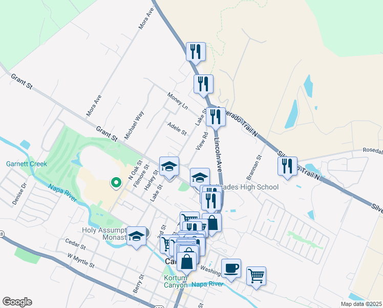 map of restaurants, bars, coffee shops, grocery stores, and more near 21 View Road in Calistoga