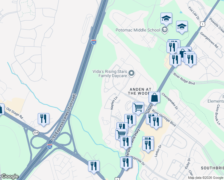 map of restaurants, bars, coffee shops, grocery stores, and more near 3409 Tuckahoe Ct in Dumfries