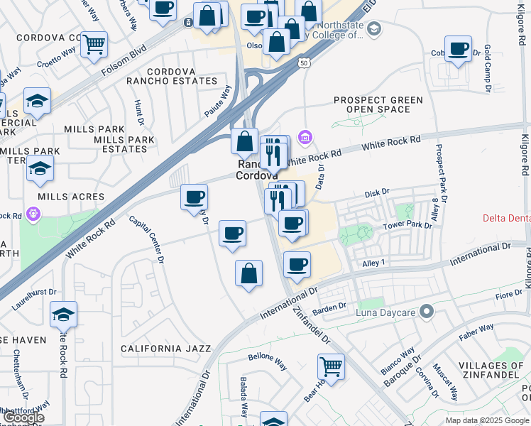 map of restaurants, bars, coffee shops, grocery stores, and more near 3188 Zinfandel Drive in Rancho Cordova