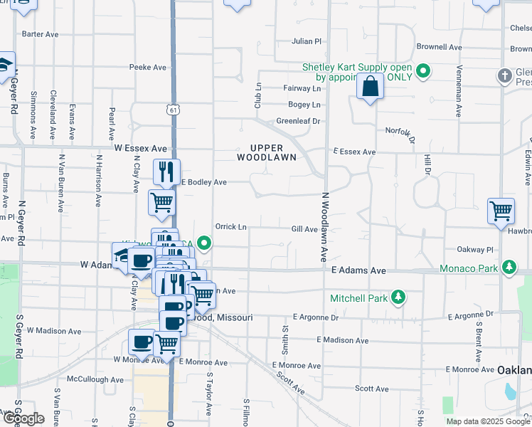 map of restaurants, bars, coffee shops, grocery stores, and more near 414 Westrick Place in Kirkwood