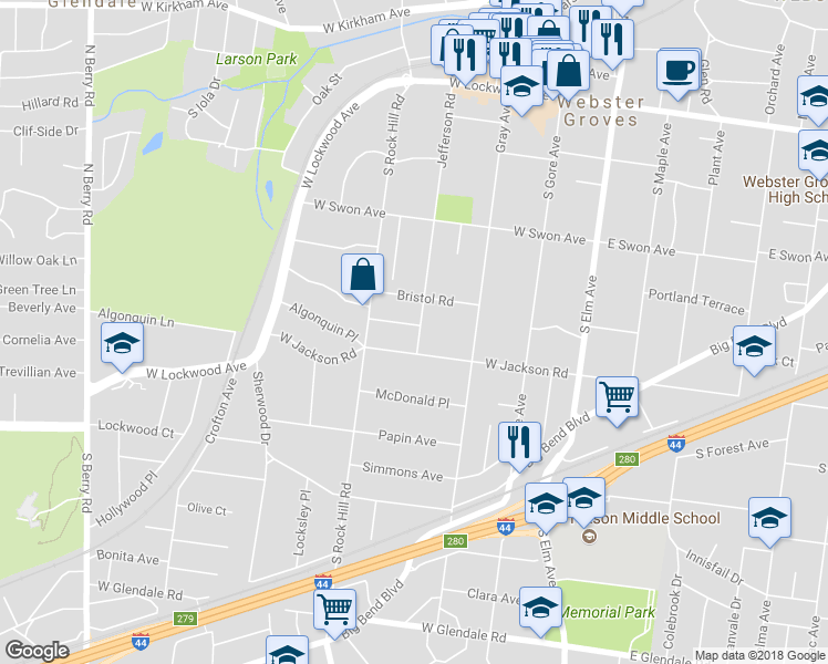 map of restaurants, bars, coffee shops, grocery stores, and more near 302 Planthurst Road in Webster Groves