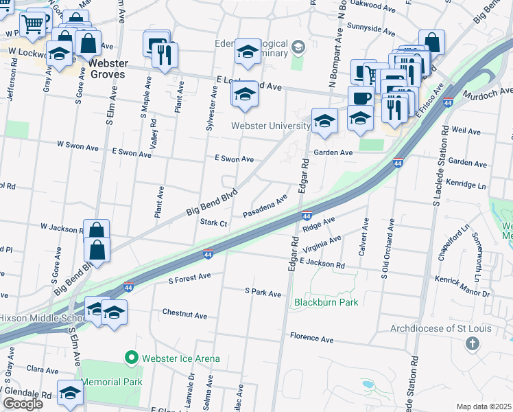 map of restaurants, bars, coffee shops, grocery stores, and more near 414 California Avenue in Webster Groves