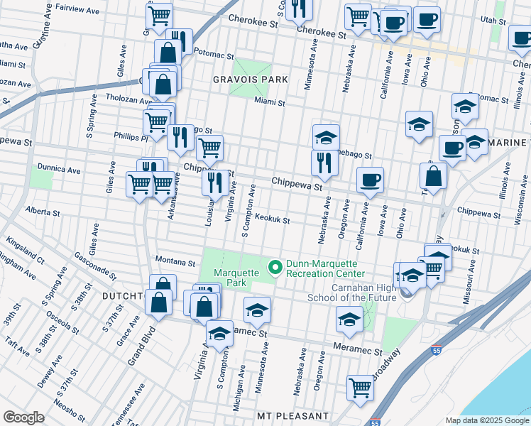 map of restaurants, bars, coffee shops, grocery stores, and more near 3131 Keokuk Street in St. Louis