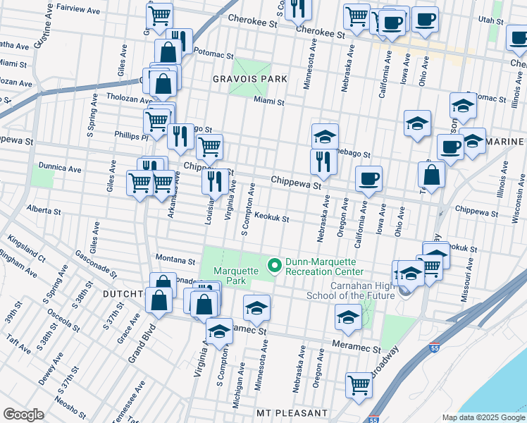 map of restaurants, bars, coffee shops, grocery stores, and more near 3129 Keokuk Street in St. Louis