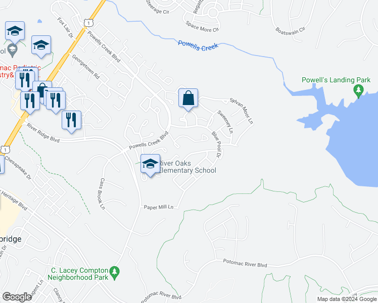 map of restaurants, bars, coffee shops, grocery stores, and more near 2572 Oak Tree Lane in Woodbridge