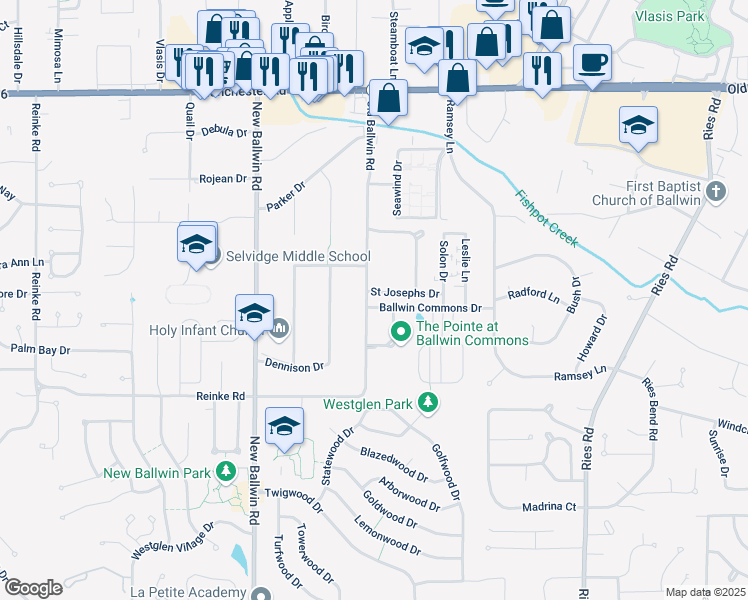 map of restaurants, bars, coffee shops, grocery stores, and more near 550 Saint Josephs Drive in Ballwin