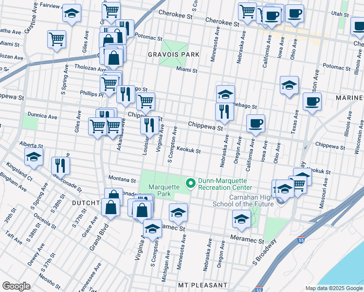 map of restaurants, bars, coffee shops, grocery stores, and more near 3137 Keokuk Street in St. Louis