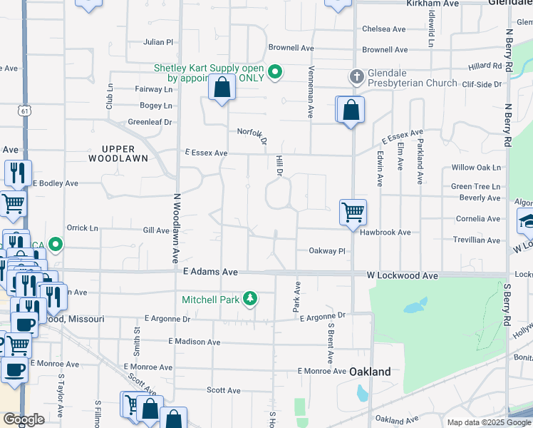 map of restaurants, bars, coffee shops, grocery stores, and more near 46 Hill Drive in Kirkwood