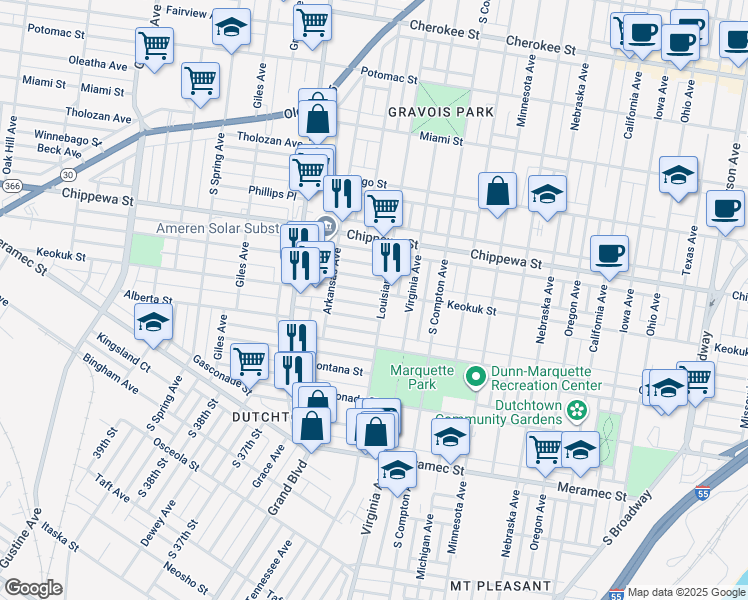 map of restaurants, bars, coffee shops, grocery stores, and more near 3408 Keokuk Street in St. Louis