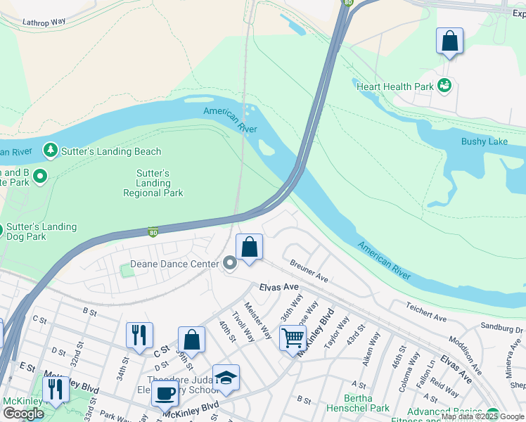 map of restaurants, bars, coffee shops, grocery stores, and more near Highway 51 in Sacramento