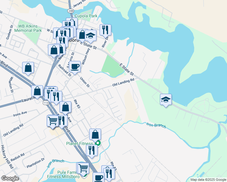 map of restaurants, bars, coffee shops, grocery stores, and more near 200 White Street in Millsboro
