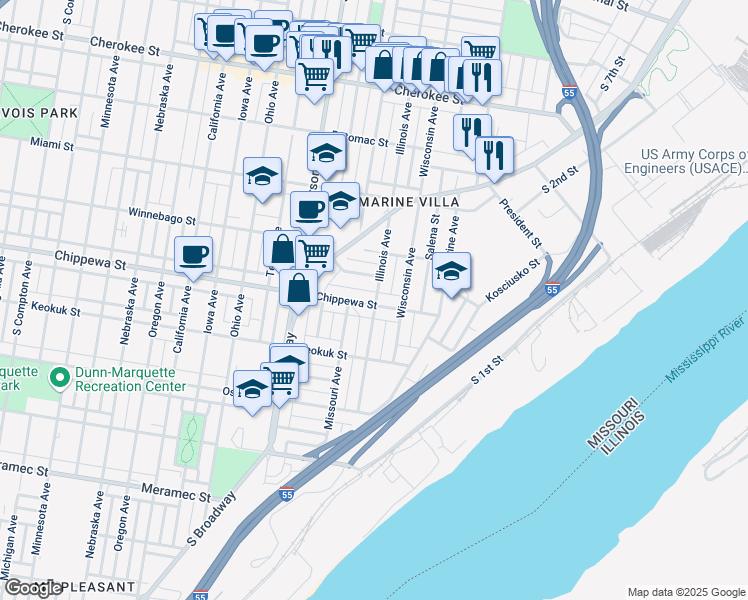 map of restaurants, bars, coffee shops, grocery stores, and more near 2101 Chippewa Street in St. Louis