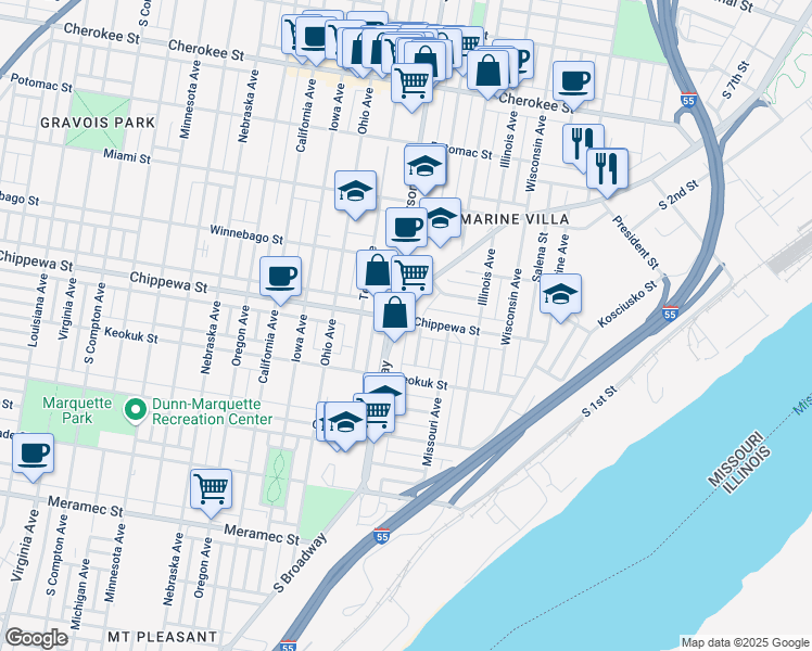 map of restaurants, bars, coffee shops, grocery stores, and more near 3800 South Broadway in St. Louis