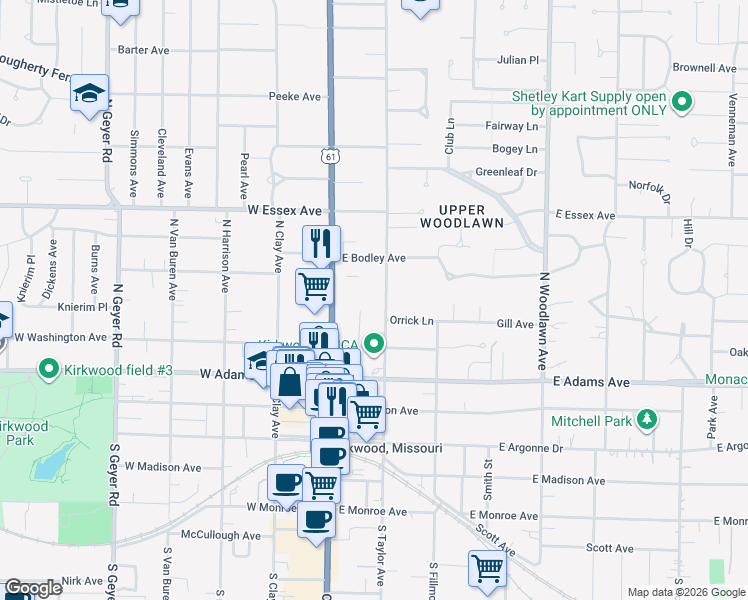 map of restaurants, bars, coffee shops, grocery stores, and more near 445 North Taylor Avenue in Kirkwood